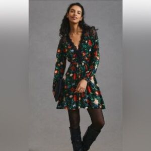 Anthropologie Lacy V Neck Floral Mini Dress Long Sleeve Size 8 NWT